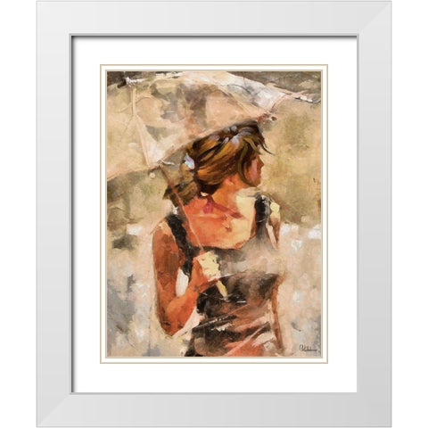 Lady with Umbrella White Modern Wood Framed Art Print with Double Matting by Medeiros, Celito