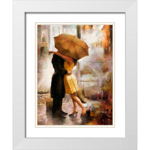 Kiss under brown Umbrella White Modern Wood Framed Art Print with Double Matting by Medeiros, Celito
