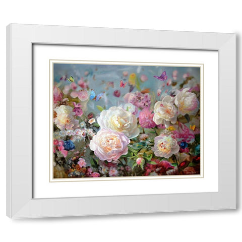 Peonies and Butterflies White Modern Wood Framed Art Print with Double Matting by Kopania, Zbigniew