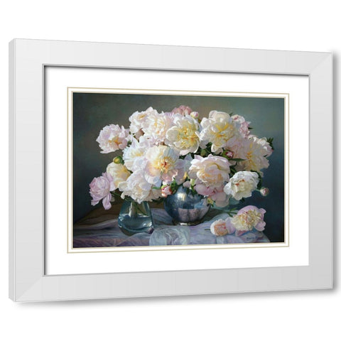 Peonies in Silver Pot III White Modern Wood Framed Art Print with Double Matting by Kopania, Zbigniew