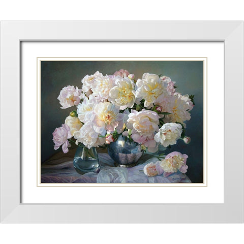 Peonies in Silver Pot III White Modern Wood Framed Art Print with Double Matting by Kopania, Zbigniew