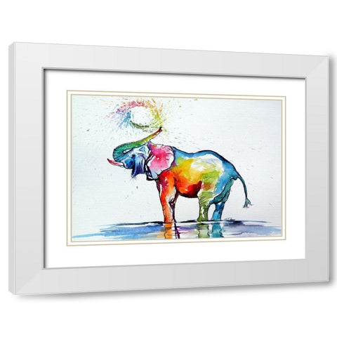 Colorful Elephant Playing White Modern Wood Framed Art Print with Double Matting by Kovacs, Anna Brigite
