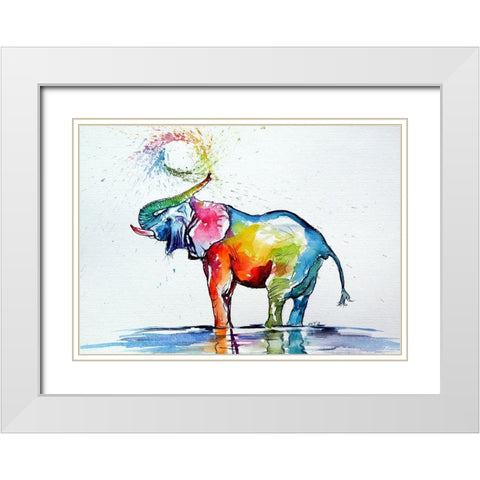 Colorful Elephant Playing White Modern Wood Framed Art Print with Double Matting by Kovacs, Anna Brigite