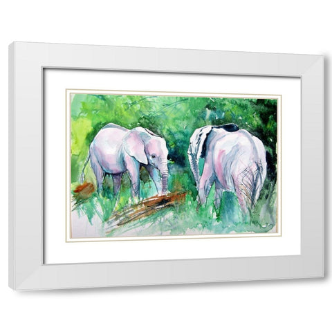 Elephants Meeting White Modern Wood Framed Art Print with Double Matting by Kovacs, Anna Brigite