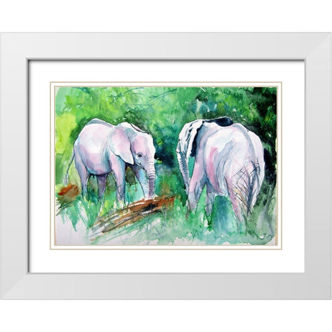 Elephants Meeting White Modern Wood Framed Art Print with Double Matting by Kovacs, Anna Brigite