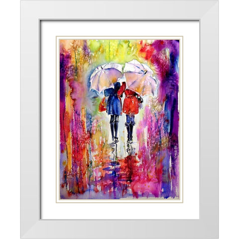 Speaking in the Rain White Modern Wood Framed Art Print with Double Matting by Kovacs, Anna Brigite