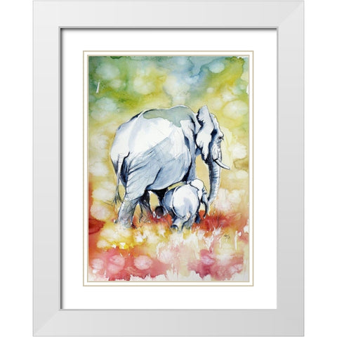Elephant with Baby White Modern Wood Framed Art Print with Double Matting by Kovacs, Anna Brigite