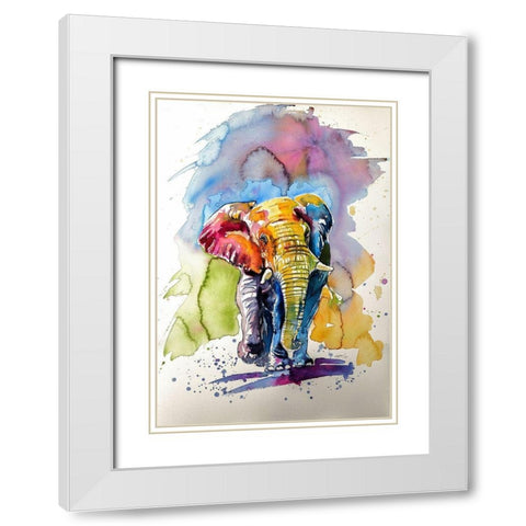 Happy Elephant White Modern Wood Framed Art Print with Double Matting by Kovacs, Anna Brigite