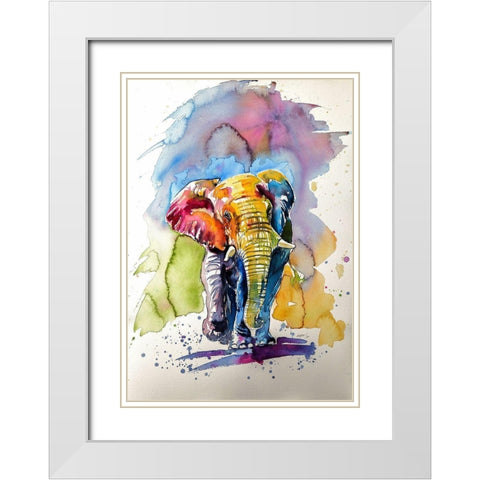 Happy Elephant White Modern Wood Framed Art Print with Double Matting by Kovacs, Anna Brigite