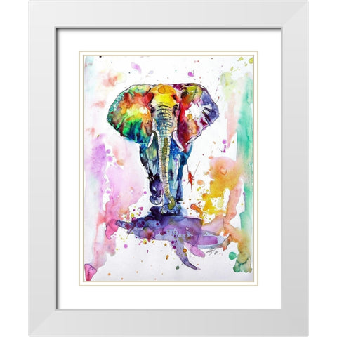 Colorful Elephant walking White Modern Wood Framed Art Print with Double Matting by Kovacs, Anna Brigite