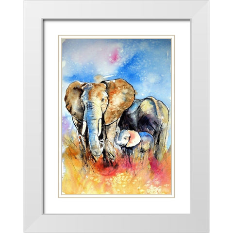 Elephant Family White Modern Wood Framed Art Print with Double Matting by Kovacs, Anna Brigite