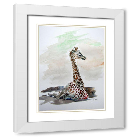 Sitting Giraffe White Modern Wood Framed Art Print with Double Matting by Kovacs, Anna Brigite