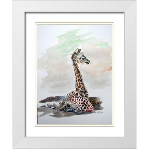 Sitting Giraffe White Modern Wood Framed Art Print with Double Matting by Kovacs, Anna Brigite