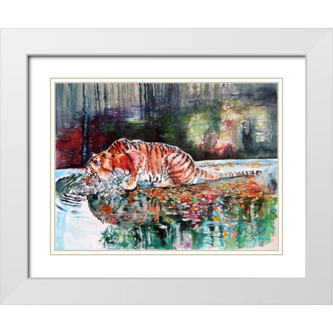 Tiger Drinking White Modern Wood Framed Art Print with Double Matting by Kovacs, Anna Brigite