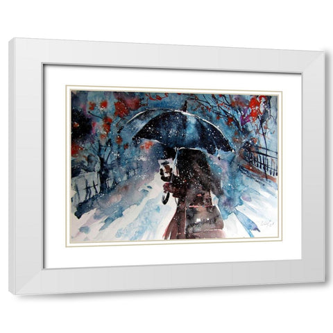 Winter Time With Coffee White Modern Wood Framed Art Print with Double Matting by Kovacs, Anna Brigite