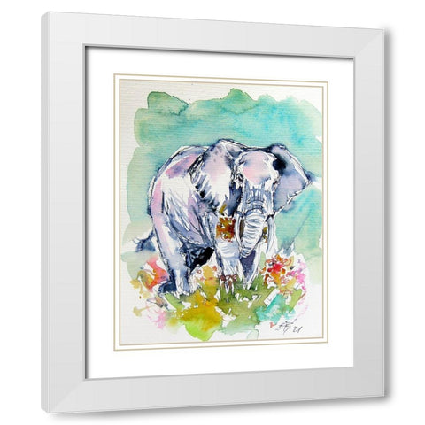 Elephant with Flowers White Modern Wood Framed Art Print with Double Matting by Kovacs, Anna Brigite