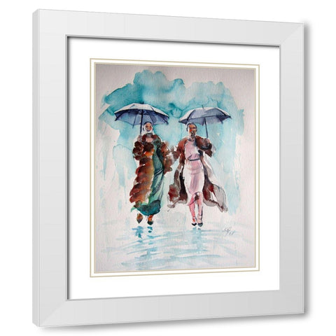 Girlfriends in the Rain White Modern Wood Framed Art Print with Double Matting by Kovacs, Anna Brigite