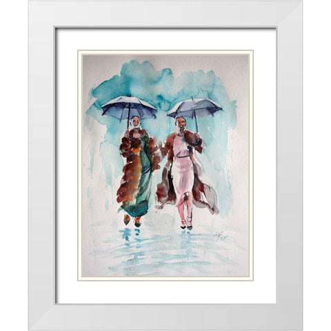 Girlfriends in the Rain White Modern Wood Framed Art Print with Double Matting by Kovacs, Anna Brigite