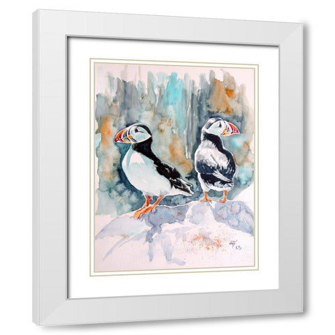 Puffins White Modern Wood Framed Art Print with Double Matting by Kovacs, Anna Brigite