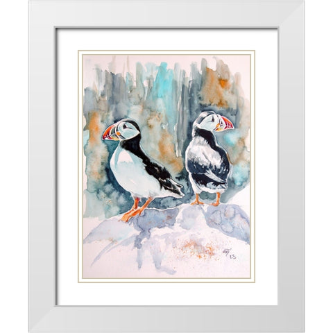 Puffins White Modern Wood Framed Art Print with Double Matting by Kovacs, Anna Brigite
