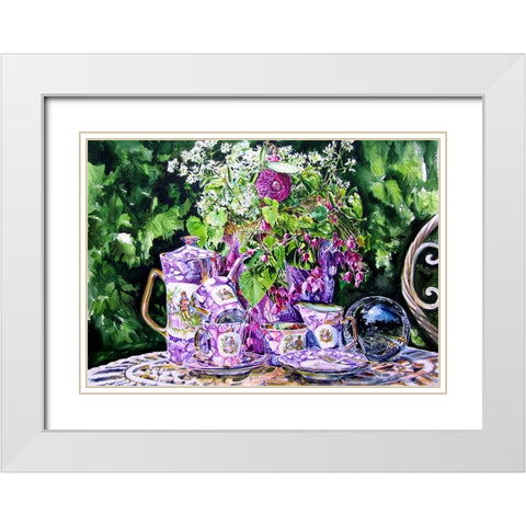 Still Life with Tea set in the Garden White Modern Wood Framed Art Print with Double Matting by Kovacs, Anna Brigite
