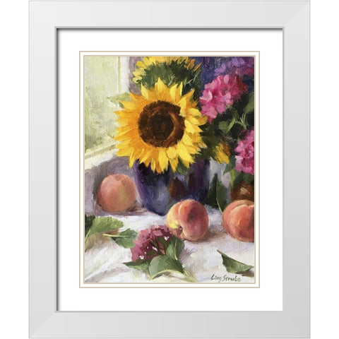 Still Life with Sunflowers and Peaches White Modern Wood Framed Art Print with Double Matting by Strube, Ling