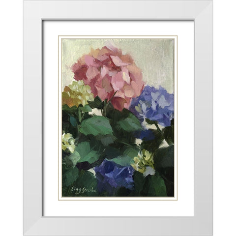 Red and Blue Hydrangeas White Modern Wood Framed Art Print with Double Matting by Strube, Ling