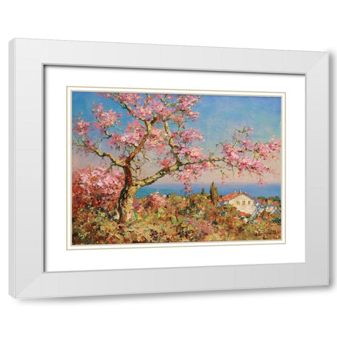 Pink Blossom Tree White Modern Wood Framed Art Print with Double Matting by Obuchovsky, Yury