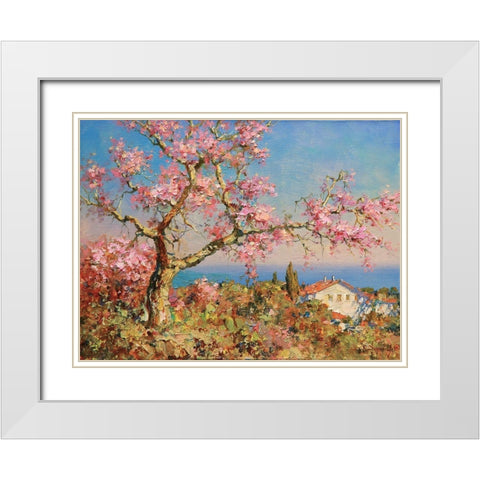Pink Blossom Tree White Modern Wood Framed Art Print with Double Matting by Obuchovsky, Yury