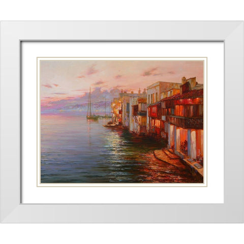 Mikonos. Night Lights White Modern Wood Framed Art Print with Double Matting by Obuchovsky, Yury