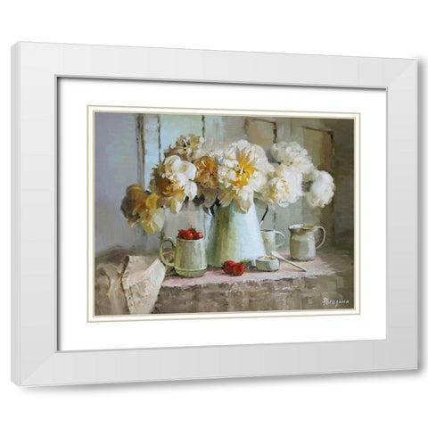 Still Life with White Peonies White Modern Wood Framed Art Print with Double Matting by Rogozina, Svetlana