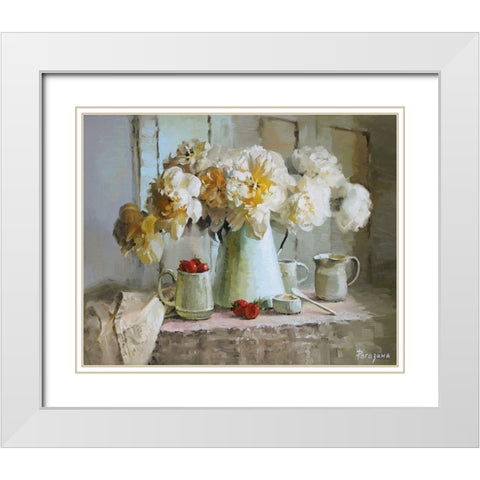 Still Life with White Peonies White Modern Wood Framed Art Print with Double Matting by Rogozina, Svetlana