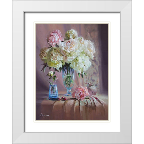 Still Life with Bouquet of Peonies White Modern Wood Framed Art Print with Double Matting by Rogozina, Svetlana