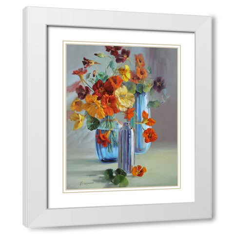 Flowers in Blue Vases White Modern Wood Framed Art Print with Double Matting by Rogozina, Svetlana