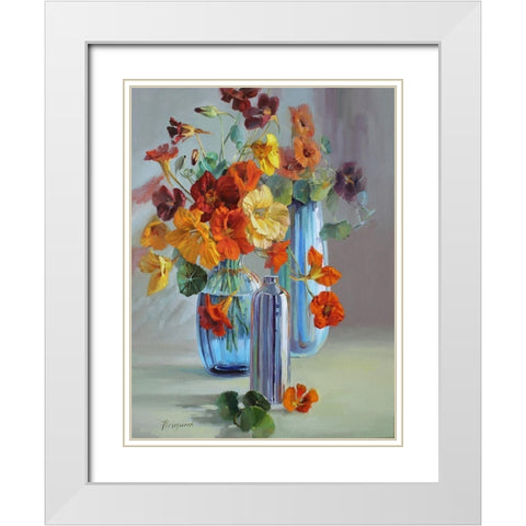 Flowers in Blue Vases White Modern Wood Framed Art Print with Double Matting by Rogozina, Svetlana