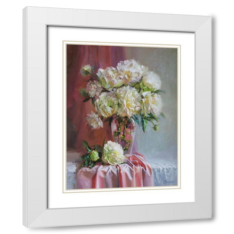 White Peonies White Modern Wood Framed Art Print with Double Matting by Rogozina, Svetlana