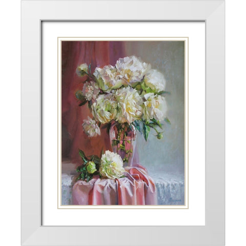 White Peonies White Modern Wood Framed Art Print with Double Matting by Rogozina, Svetlana