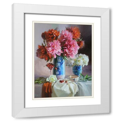 Scarlet Peonies White Modern Wood Framed Art Print with Double Matting by Rogozina, Svetlana