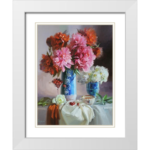 Scarlet Peonies White Modern Wood Framed Art Print with Double Matting by Rogozina, Svetlana
