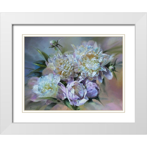 Tender Peonies II White Modern Wood Framed Art Print with Double Matting by Rogozina, Svetlana