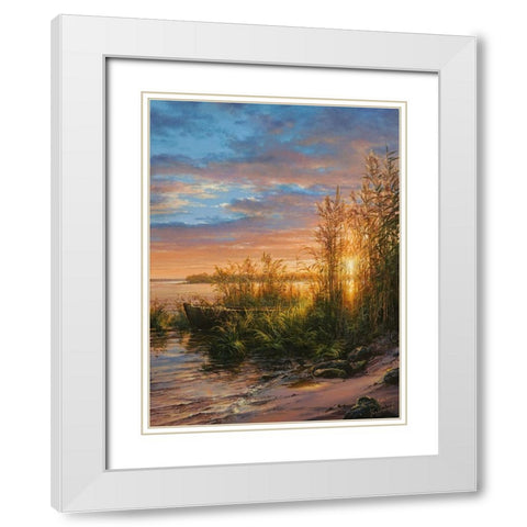Sunset on the River White Modern Wood Framed Art Print with Double Matting by Yushkevich, Viktor