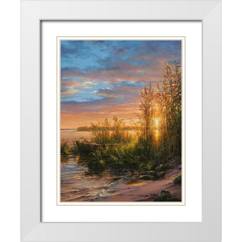 Sunset on the River White Modern Wood Framed Art Print with Double Matting by Yushkevich, Viktor