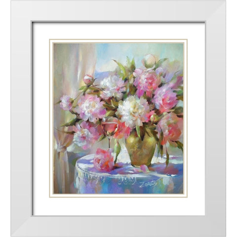 Glass vine with Peonies White Modern Wood Framed Art Print with Double Matting by Zareckaye, Tatiana