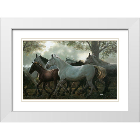 Running Horses White Modern Wood Framed Art Print with Double Matting by Bizon, Vladimir