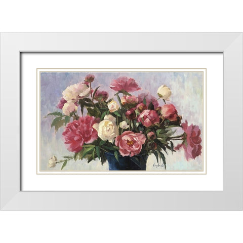 Pink and White Peonies in Basket White Modern Wood Framed Art Print with Double Matting by Strube, Ling