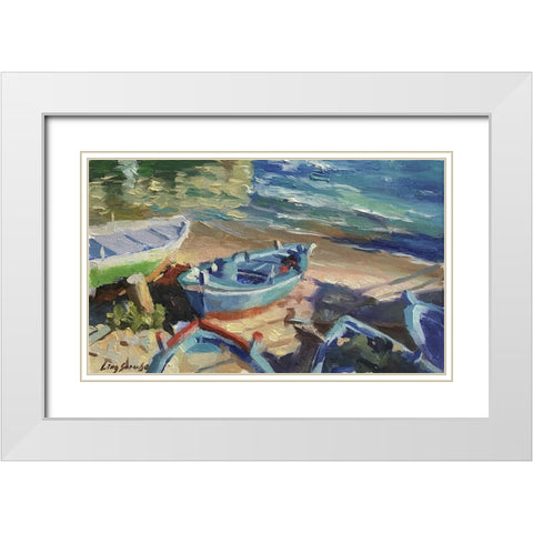 Blue Boat White Modern Wood Framed Art Print with Double Matting by Strube, Ling