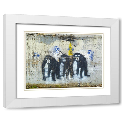 Three Monkeys White Modern Wood Framed Art Print with Double Matting by Grayscale