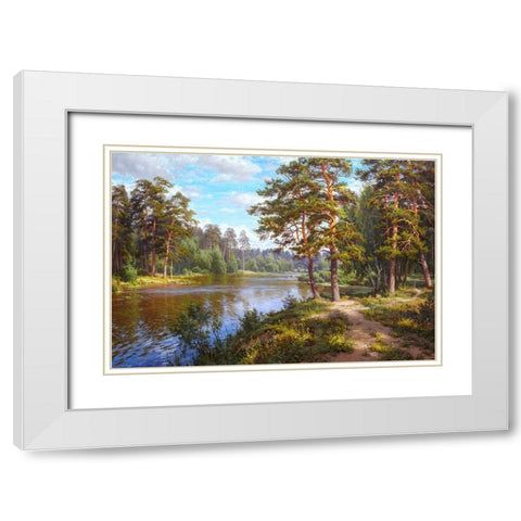 Lake at the forest White Modern Wood Framed Art Print with Double Matting by Basov, Sergej