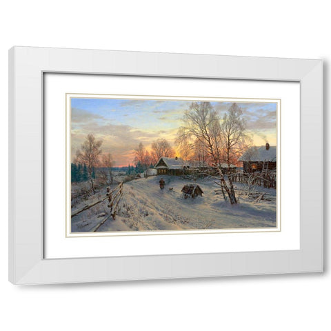 Winter evening in the village White Modern Wood Framed Art Print with Double Matting by Basov, Sergej