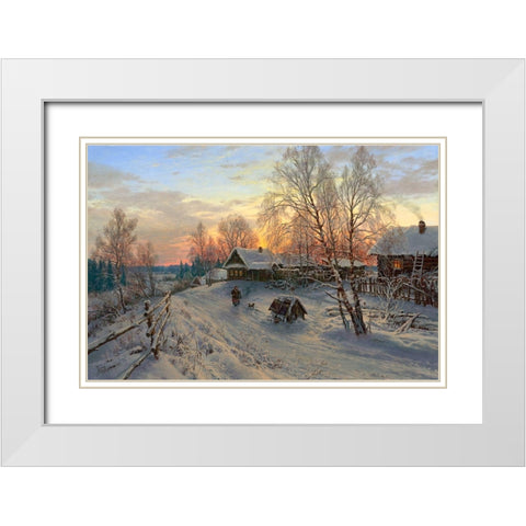 Winter evening in the village White Modern Wood Framed Art Print with Double Matting by Basov, Sergej